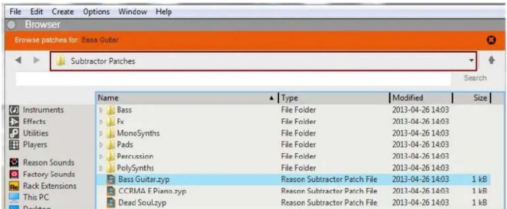 File Edit Create Options Window Help Browser Browse patches for: Bass-Guitar Subtractor Patches Search Name ▲ Type Modified Size Instruments Bass File Folder 2013-04-26 14:03 Effects Fx File Folder 2013-04-26 14:03 Utilities MonoSynths File Folder 2013-04-26 14:03 Players Pads File Folder 2013-04-26 14:03 Reason Sounds Percussion File Folder 2013-04-26 14:03 Factory Sounds PolySynths File Folder 2013-04-26 14:03 Rack Extensions Bass Guitar.zyp Reason Subtractor Patch File 2013-04-26 14:03 1 kB This PC CCRMA E Piano.zyp Reason Subtractor Patch File 2013-04-26 14:03 1 kB Desktop CDead Soul.zyp Reason Subtractor Patch File 2013-04-26 14:03 1 kB