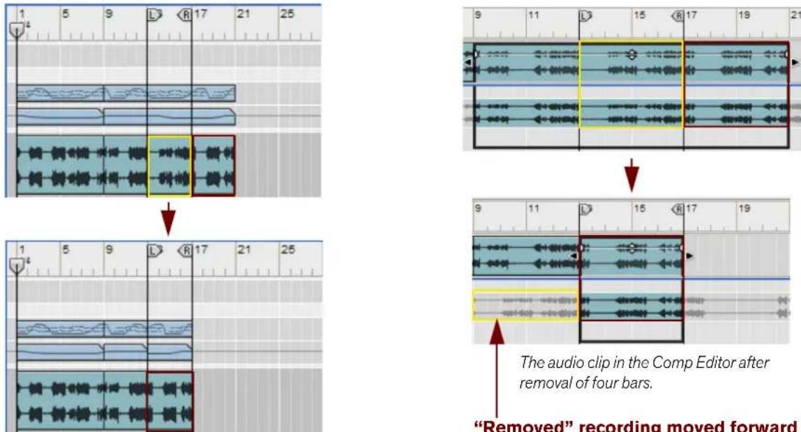 The audio clip in the Comp Editor after removal of four bars. "Removed" recording moved forward