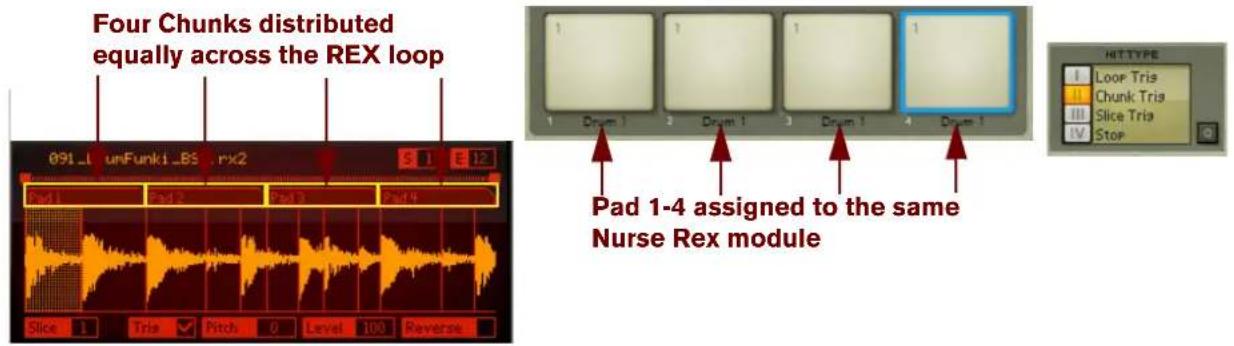 Four Chunks distributed equally across the REX loop 091_1 umFunk1_BS rx2 5 1 12 Pad 1 Pad 2 Pad 3 Pad 4 Slice 1 Tria Pitch 0 Level 100 Reverse Pad 1-4 assigned to the same Nurse Rex module HITTYPE Loop Tris Chunk Tris Slice Tris Stop