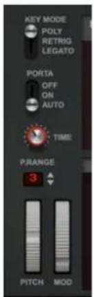 KEY MODE POLY RETRG LEGATO PORTA OFF ON AUTO TIME PRANGE 3 PITCH MOD