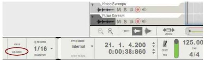 Noise Sweeps M S V Pulse Scream M S V OK ZOOM KEYS GROOVE Q RECORD 1/16 QUANTIZE SYNC MODE Internal 21. 1. 4.200 0:00:38:860 125.00 TAP 4/4