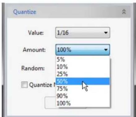 Quantize Value: 1/16 Amount: 100% 5% 10% 25% 50% Quantize N 75% 90% 100%