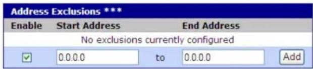 Address Exclusions *** Enable Start Address End Address No exclusions currently configured ✓ 0.0.0.0[to 0.0.0.0 Add