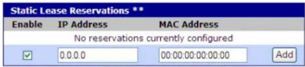 Static Lease Reservations ** Enable IP Address MAC Address No reservations currently configured ✓ 0.0.0 00:00:00:00:00:00 Add