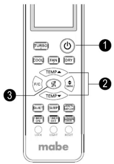 TURBO COOL FAN DRY TEMP F/C TEMP QUIET SLEEP HEALTH ON THER OFF CREAM LOCK LIGHT RESET mabe