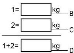 1= kg B 2= kg C 1+2= kg D