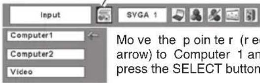 Input Computer1 Computer2 Video SYGA 1 Move the p oin te r (r e arrow) to Computer 1 and press the SELECT button