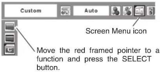 Custom Auto Screen Menu icon Move the red framed pointer to a function and press the SELECT button.