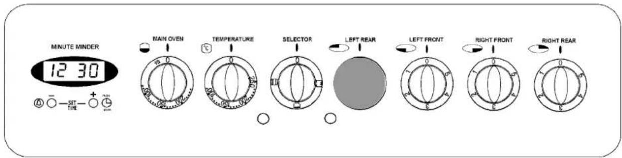 MINUTE MINDER 12 30 MAIN OVEN TEMPERATURE SELECTOR LEFT REAR LEFT FRONT RIGHT FRONT RIGHT REAR