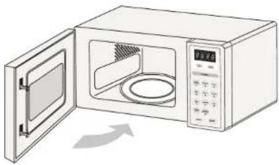 Line drawing of a microwave oven with open door and side panel (no text or symbols).