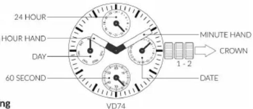 24 HOUR HOUR HAND DAY 60 SECOND VD74 MINUTE HAND CROWN 1 - 2 DATE ng