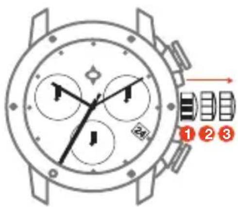 Diagram of a watch face with directional arrows and labeled buttons 1, 2, 3 for dialing or navigation.