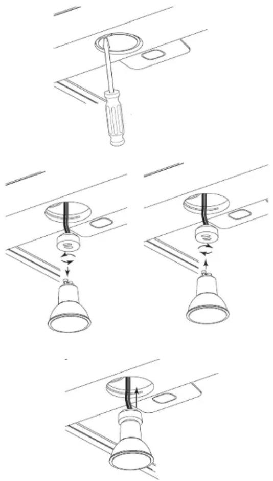 Technical diagram showing three steps of ceiling lamp installation with a screwdriver and bulb, labeled in Chinese.