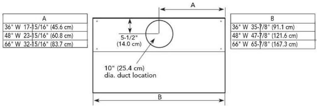 A 36" W 17-15/16" (45.6 cm) 48" W 23-15/16" (60.8 cm) 66" W 32-15/16" (83.7 cm) A 5-1/2" (14.0 cm) 10" (25.4 cm) dia. duct location B 36" W 35-7/8" (91.1 cm) 48" W 47-7/8" (121.6 cm) 66" W 65-7/8" (167.3 cm)