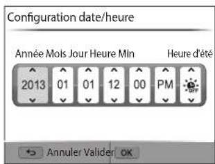 Configuration date/heure Année Mois Jour Heure Min Heure d'été 2013 01 01 12 00 PM Annuler Valider OK