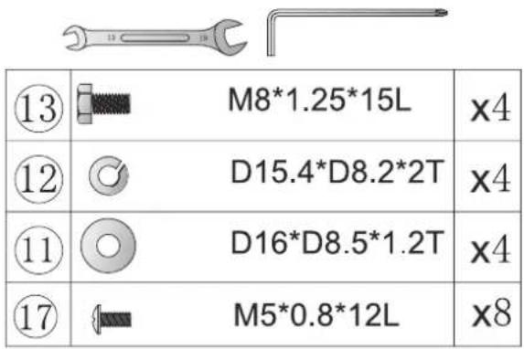 ⑬ M8*1.25*15L x4 ⑫ D15.4*D8.2*2T x4 ⑬ D16*D8.5*1.2T x4 ⑰ M5*0.8*12L x8