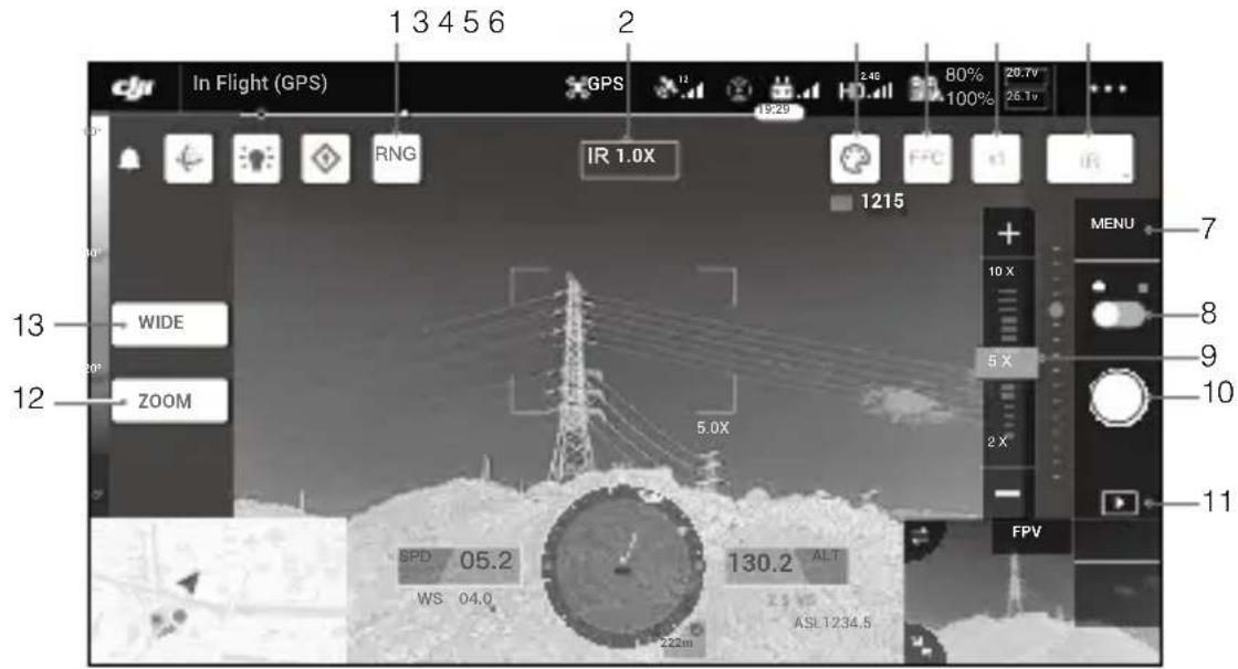 In Flight (GPS) 1 3 4 5 6 2 GPS 12 19:29 2.4B 80% 20.7V 100% 26.1V IR 1.0X FFC IR 1215 WIDE 5.0X MENU 7 10 X 5 X 8 9 10 ZOOM 2 X 11 SPD 05.2 WS 04.0 130.2 ALT 222m ASL 1234.5 FPV