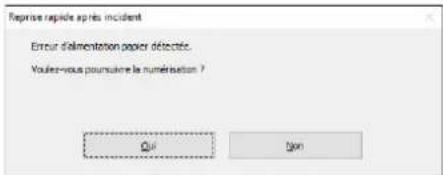 Reprise rapide après incident Error d'alimentation paper détectée. Votre-vous poursuivre la numérisation ? Oui ign