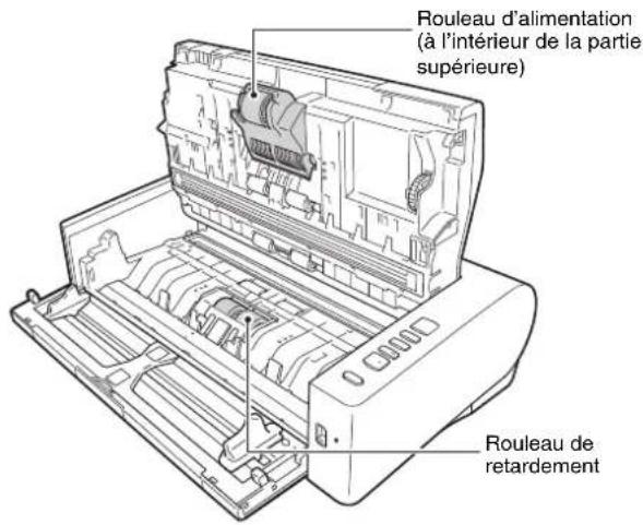 Rouleau d'alimentation (à l'intérieur de la partie supérieure) Rouleau de retardement