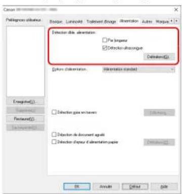 Detection d'eles alertions: □ Par l'impater ☑ Detection-rhiscsongue Detection(S) □ Pairs clatteriation: Alteration aguée □ Detection gise en basers □ Detection de document aguée □ Detection d'impater d'alimentation paje OK Cancel Cancel Help