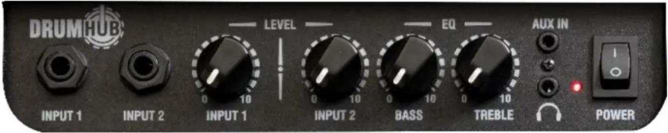 DRUMHUB INPUT 1 INPUT 2 LEVEL INPUT 1 INPUT 2 EQ BASS TREBLE AUX IN POWER