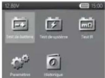 12.80V Test de batteries Test de système Test IR Paramètres Historique
