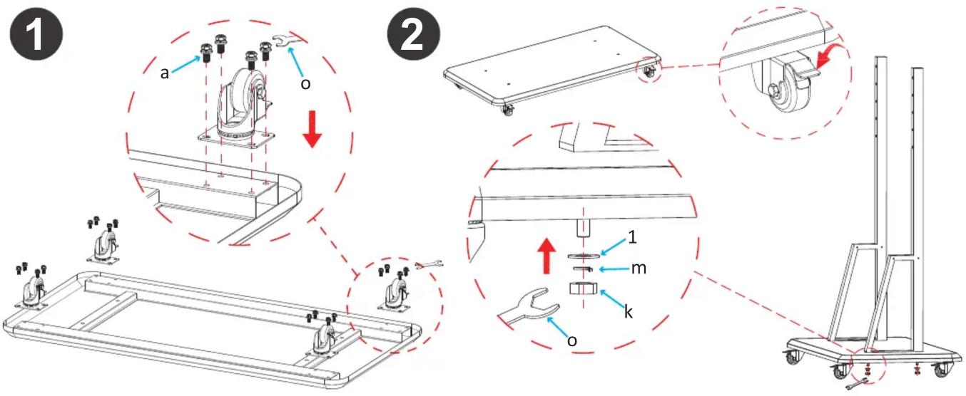 Technical diagram illustrating mechanical assembly steps with labeled components and directional arrows