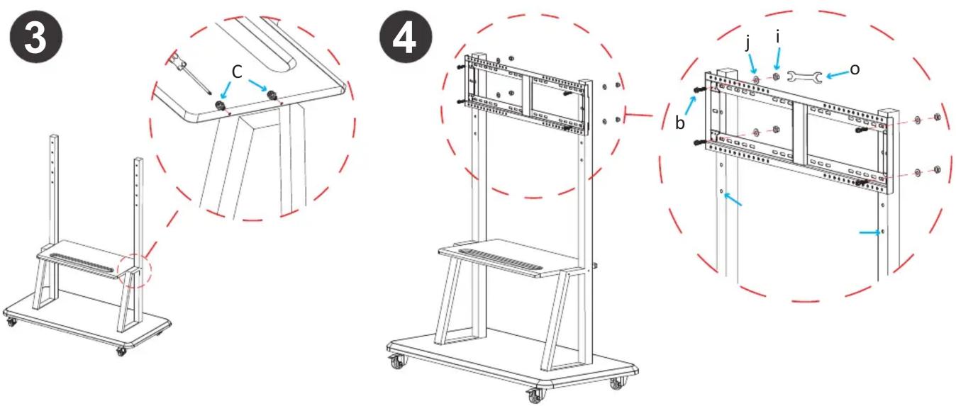 Technical diagram showing four stages of a mechanical assembly: stand, frame, panel, and measuring device with labeled components.