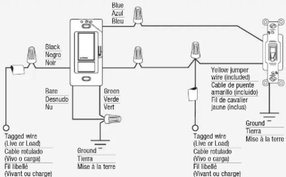 Black Negro Noir Bare Desnudo Nu Blue Azul Bleu Green Verde Vert Yellow jumper wire (included) Cable de puente amarillo (incluido) Fil de cavalier jaune (inclus) Tagged wire (Live or Load) Cable rotulado (Vivo o carga) Fil libellé (Vivant ou charge) Ground Tierra Mise à la terre Tagged wire (Live or Load) Cable rotulado (Vivo o carga) Fil libellé (Vivant ou charge) Ground Tierra Mise à la terre