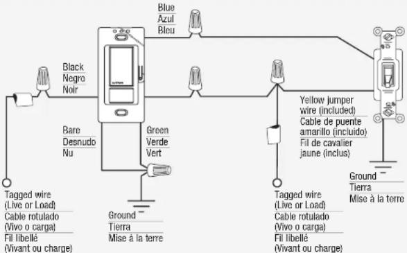 Black Negro Noir Bare Desnudo Nu Blue Azul Bleu Green Verde Vert Yellow jumper wire (included) Cable de puente amanillo (incluido) Fil de cavalier jaune (inclus) Tagged wire (Live or Load) Cable rotulado (Vivo o carga) Fil libellé (Vivant ou charge) Ground Tierra Mise à la terre Tagged wire (Live or Load) Cable rotulado (Vivo o carga) Fil libellé (Vivant ou charge) Ground Tierra Mise à la terre