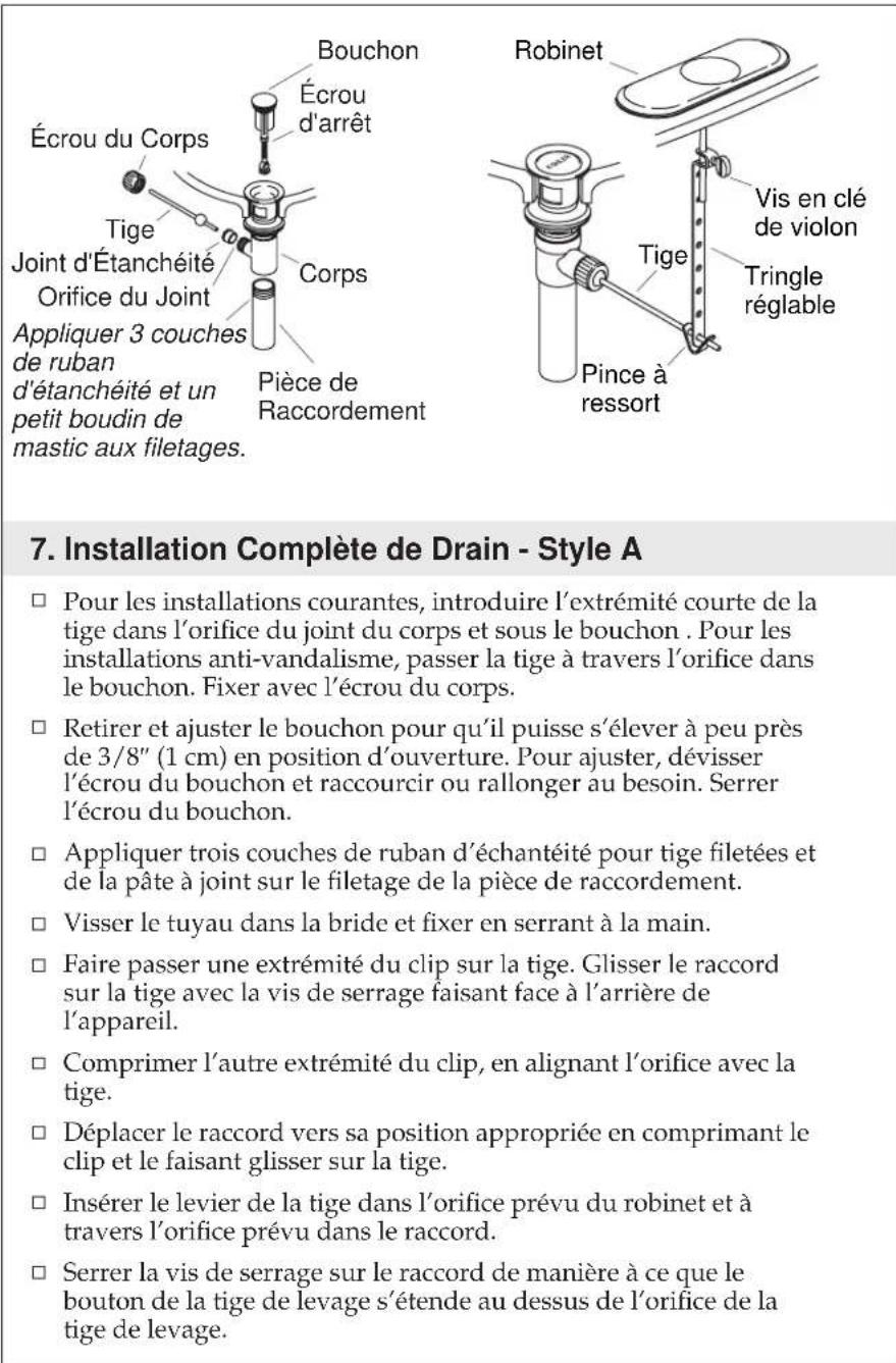 KOHLER K-6811 - Installation du drain - Style A - 1