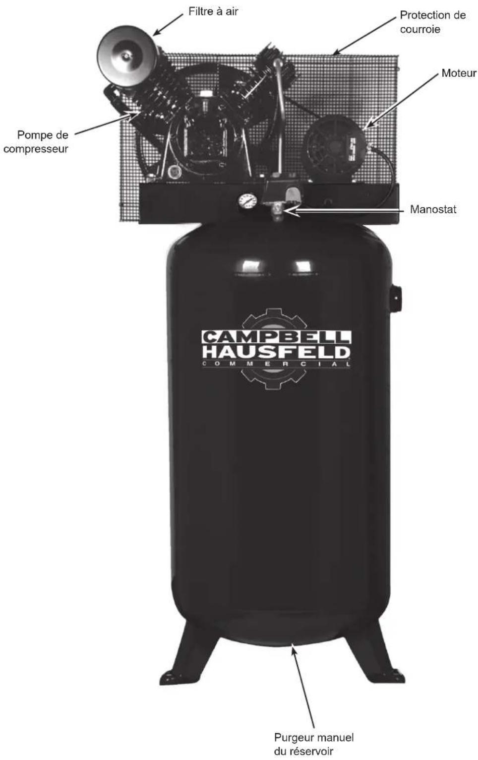 Filtre à air Protection de courroie Moteur Pompe de compresseur Manostat CAMPBELL HAUSFELD COMMERCIAL Purgeur manuel du réservoir