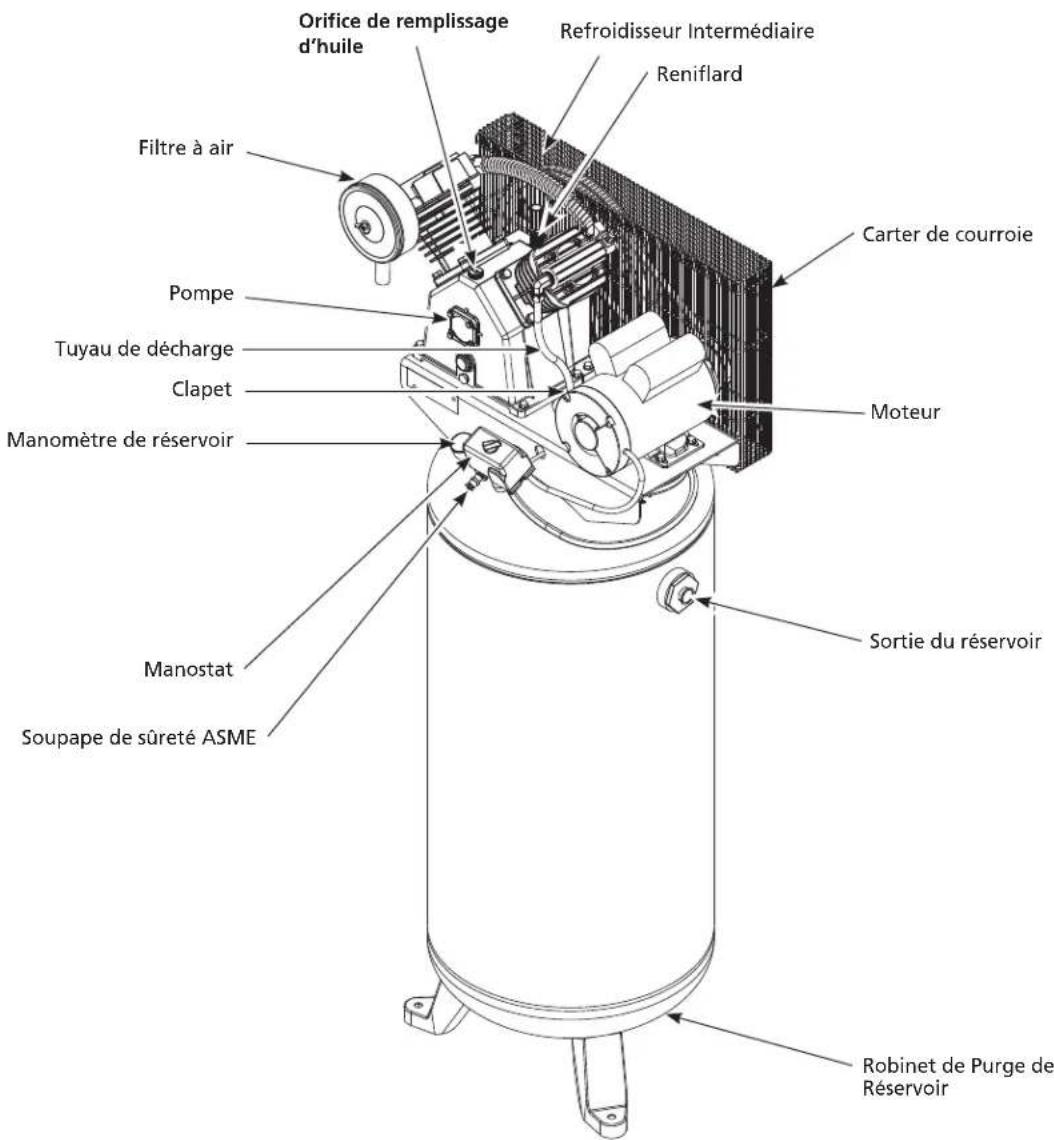 Soupape de sûreté ASME Manostat Manomètre de réservoir Clapet Tuyau de décharge Pompe Filtre à air Orifice de remplissage d'huile Refroidisseur Intermédiaire Reniflard Carter de courroie Moteur Sortie du réservoir Robinet de Purge de Réservoir