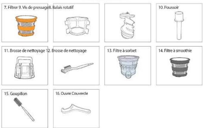 7. Filtrer 9. Vis de pressage 8. Balais rotatif 10. Poussoir 11. Brosse de nettoyage 12. Brosse de nettoyage 13. Filtre à sorbet 14. Filtre à smoothie 15. Goupillon 16. Ouvre Couvercle