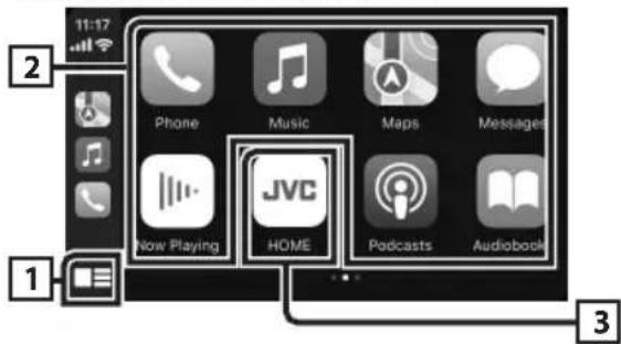 JVC KW-M593BT - Betriebstasten und verfügbare Apps auf dem Startbildschirm von Apple CarPlay - 1
