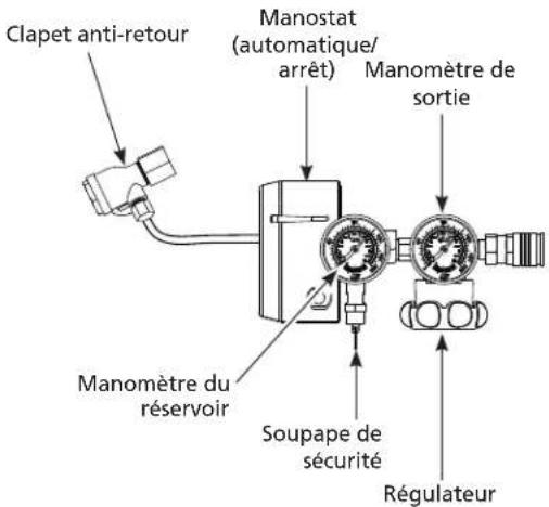 Clapet anti-retour Manostat (automatique/arrêt) Manomètre de sortie Manomètre du réservoir Soupape de sécurité Régulateur
