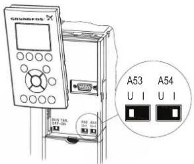 Grundfos NBGE 300-250-350 - Réglage des entrées analogiques, bornes 53 et 54 - 2