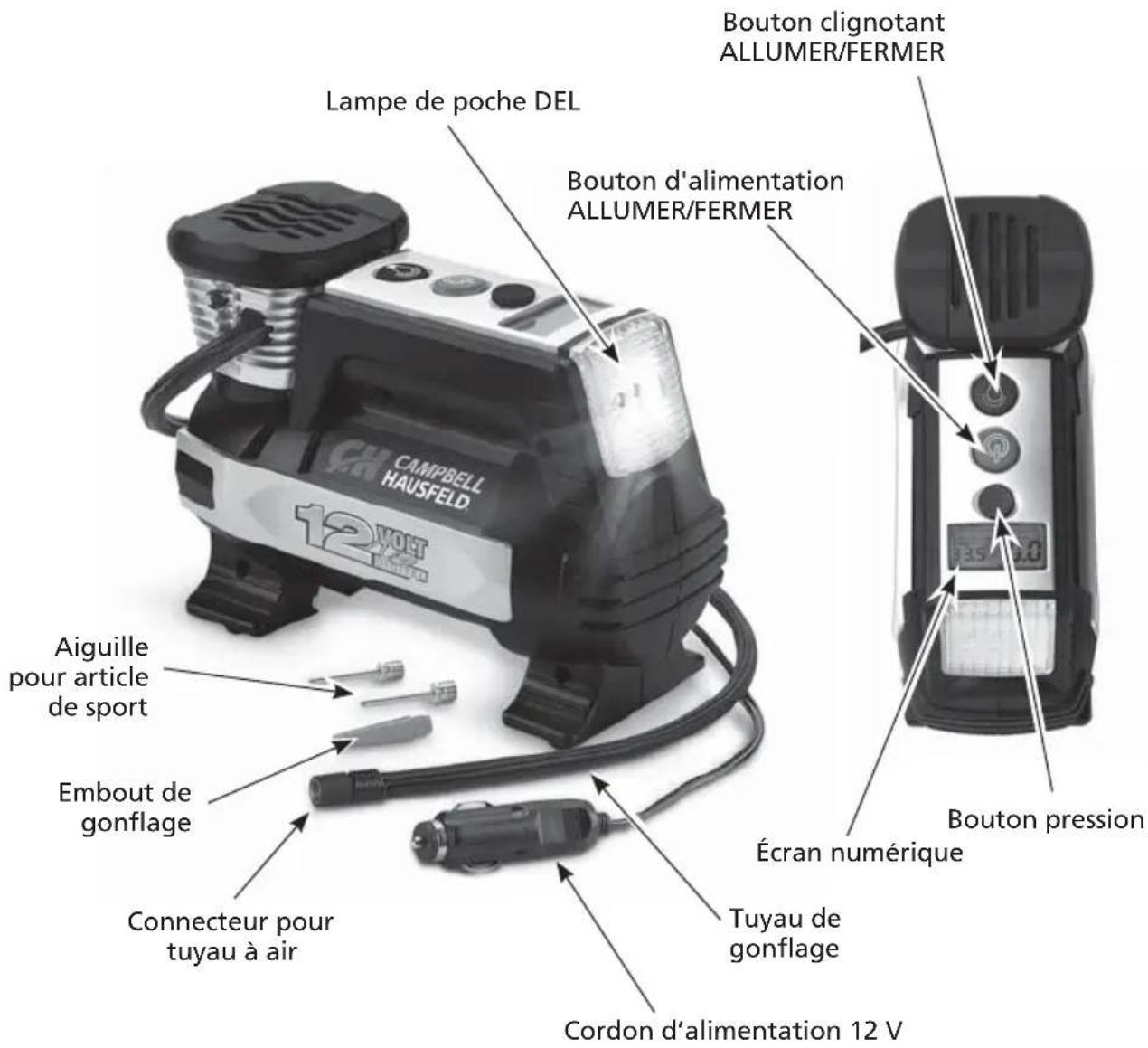 Lampe de poche DEL Bouton d'alimentation ALLUMER/FERMER Bouton clignotant ALLUMER/FERMER CAMPBELL HAUSFELD 12 VOLT Aiguille pour article de sport Embout de gonflage Connecteur pour tuyau à air Cordon d'alimentation 12 V Écran numérique Tuyau de gonflage Bouton pression