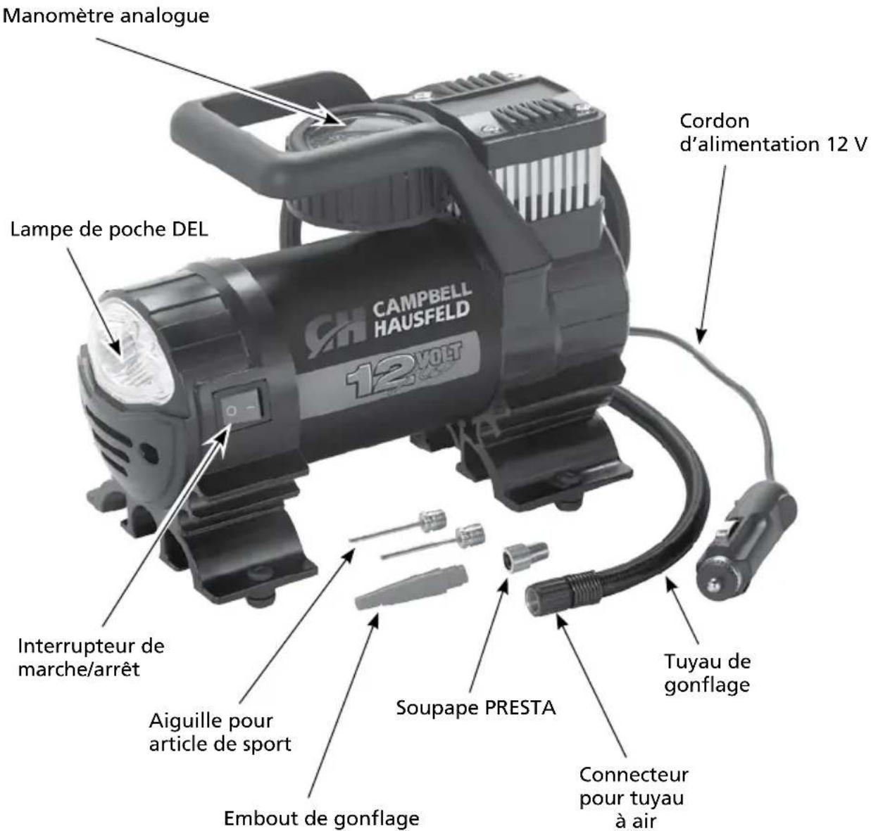 Manomètre analogue Lampe de poche DEL CAMPBELL HAUSFELD 12 VOUT Cordon d'alimentation 12 V Interrupteur de marche/arrêt Aiguille pour article de sport Embout de gonflage Soupape PRESTA Connecteur pour tuyau à air Tuyau de gonflage