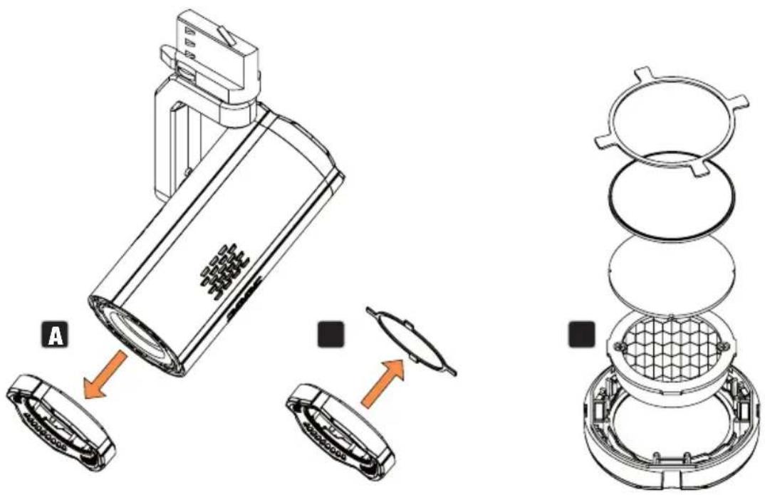 Cameo G4 TW - MONTAGE DE LA GRILLE DIRECTIONNELLE, DU DIFFUSEUR ET DU FILTRE - 1