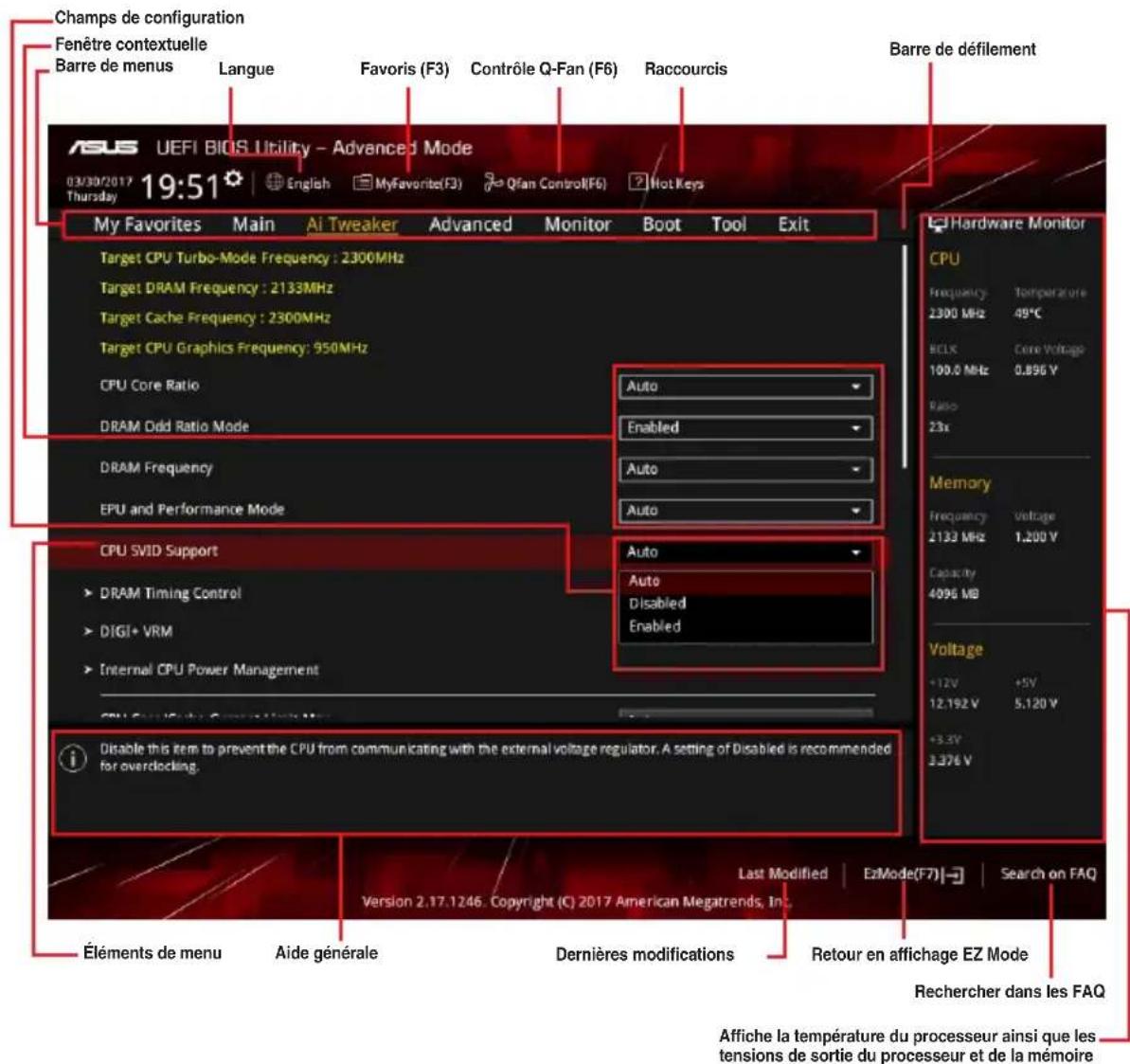 Champs de configuration Fenêtre contextuelle Barre de menus Langue Favoris (F3) Contrôle Q-Fan (F6) Raccourcis Barre de défilement ASUS UEFI BIOS Utility - Advanced Mode 03/30/2017 19:51 English MyFavorite(F3) Qfan Control(F6) Hot Keys My Favorites Main Ai Tweaker Advanced Monitor Boot Tool Exit Target CPU Turbo-Mode Frequency : 2300MHz Target DRAM Frequency : 2133MHz Target Cache Frequency : 2300MHz Target CPU Graphics Frequency : 950MHz CPU Core Ratio DRAM Odd Ratio Mode DRAM Frequency EPU and Performance Mode CPU SVID Support DRAM Timing Control DIGI+ VRM Internal CPU Power Management Disable this item to prevent the CPU from communicating with the external voltage regulator. A setting of Disabled is recommended for overclocking. Éléments de menu Aide générale Dernières modifications Retour en affichage EZ Mode Last Modified EzMode(F7) Search on FAQ Version 2.17.1246 Copyright (C) 2017 American Megatrends, Inc. Hardware Monitor CPU Frequency Temperature 2300 MHz 49°C BCLK Core Voltage 100.0 MHz 0.896 V Ratio 2.3x Memory Frequency Voltage 2133 MHz 1.200 V Capacity 4096 MB Voltage +12V +5V 12.192 V 5.120 V +3.5V 3.376 V Rechercher dans les FAQ Affiche la température du processeur ainsi que les tensions de sortie du processeur et de la mémoire
