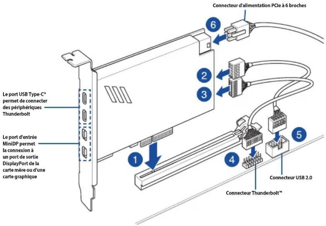 Le port USB Type-C° permet de connecter des périphériques Thunderbolt Le port d'entrée MiniDP permet la connexion à un port de sortie DisplayPort de la carte mère ou d'une carte graphique Connecteur d'alimentation PCIe à 6 broches 1 2 3 4 5 Connecteur Thunderbolt™ Connecteur USB 2.0