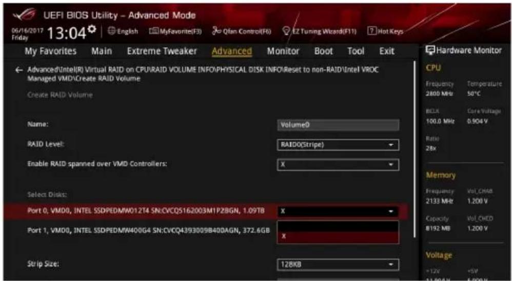 UEFI BIOS Utility - Advanced Mode 06/16/2017 13:04 English MyFavorite(F3) Qfan Control(F6) EZ Tuning Wizard(F11) Hot Keys My Favorites Main Extreme Tweaker Advanced Monitor Boot Tool Exit Advanced\Intel(R) Virtual RAID on CPU\RAID VOLUME INFO\PHYSICAL DISK INFO\Reset to non-RAID\Intel VROC Managed VMD\Create RAID Volume Create RAID Volume Name: Volume0 RAID Level: RAIDO(Stripe) Enable RAID spanned over VMD Controllers: X Select Disks: Port 0, VMD0, INTEL SSDPEDMW012T4 SN:CVCQ5162003M1P28GN, 1.09TB X Port 1, VMD0, INTEL SSDPEDMW400G4 SN:CVCQ4393009B400AGN, 372.6GB X Strip Size: 128KB Hardware Monitor CPU Frequency Temperature 2800 MHz 50°C BCLX Core Voltage 100.0 MHz 0.904 V Ratio 28x Memory Frequency Vol_CHAB 2133 MHz 1.200 V Capacity Vol_CHCD 8192 MB 1.200 V Voltage +12V +5V +12.6V +5.0V