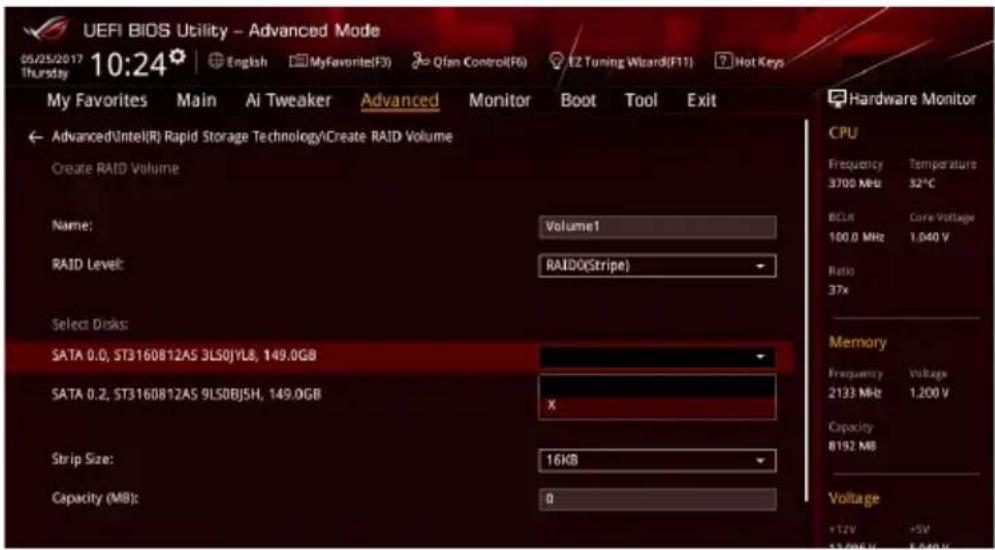 UEFI BIOS Utility - Advanced Mode 05/25/2017 10:24 English MyFavorite(F3) Qfan Control(F6) EZ Tuning Wizard(F11) Hot Keys My Favorites Main Ai Tweaker Advanced Monitor Boot Tool Exit Hardware Monitor Advanced\Intel(R) Rapid Storage Technology\Create RAID Volume Create RAID Volume Name: Volume1 RAID Level: RAIDOSstripe Select Disks: SATA 0.0, ST3160812AS 3LSOJYL8, 149.0GB SATA 0.2, ST3160812AS 9LSOBJ5H, 149.0GB X Strip Size: 16KB Capacity (MB): 0 CPU Frequency Temperature 3700 MHz 32°C BCLN Core Voltage 100.0 MHz 1,040 V Ratio 37x Memory Frequency Voltage 2133 MHz 1,200 V Capacity 8192 MB Voltage +12V +5V 12/06/16 5.040 V