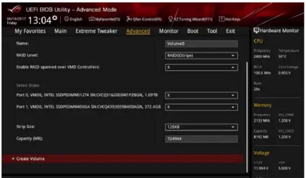 UEFI BIOS Utility - Advanced Mode 06/16/2017 13:04 English MyFavorite(F3) Qfan Control(F6) EZ Tuning Wizard(F11) Hot Keys My Favorites Main Extreme Tweaker Advanced Monitor Boot Tool Exit Name: Volume0 RAID Level: RAID(Stripe) Enable RAID spanned over VMD Controllers: X Select Disks: Port 0, VMD0, INTEL SSDPEDMW012T4 SN:CVCQ5162003M1P28GN, 1.09TB X Port 1, VMD0, INTEL SSDPEDMW400G4 SN:CVCQ4393009B400AGN, 372.6GB X Strip Size: 128KB Capacity (MB): 724944 ► Create Volume Hardware Monitor CPU Frequency Temperature 2800 MHz 50°C BOX Core Voltage 100.0 MHz 0.905 V Ratio 28x Memory Frequency Vol_CHAB 2133 Mhz 1.200 V Capacity Vol_CHED 8192 MB 1.200 V Voltage +12V +5V 11.904 V 5.000 V