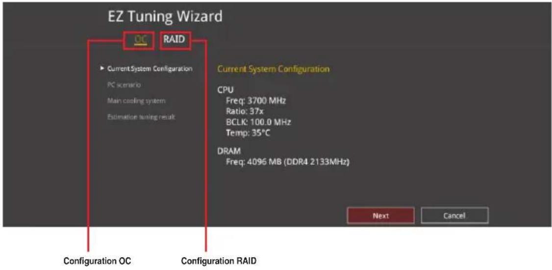 EZ Tuning Wizard DC RAID ► Current System Configuration PC scenario Main cooling system Estimation tuning result Current System Configuration CPU Freq: 3700 MHz Ratio: 37x BCLK: 100.0 MHz Temp: 35°C DRAM Freq: 4096 MB (DDR4 2133MHz) Configuration OC Configuration RAID Next Cancel