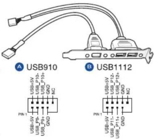 A USB910 USB+5V USB_P9- USB_P9+ GND PIN 1 USB+5V USB_P10- USB_P10+ GND NC B USB1112 USB+5V USB_P12- USB_P12+ GND NC PIN 1 USB+5V USB_P11- USB_P11+ GND