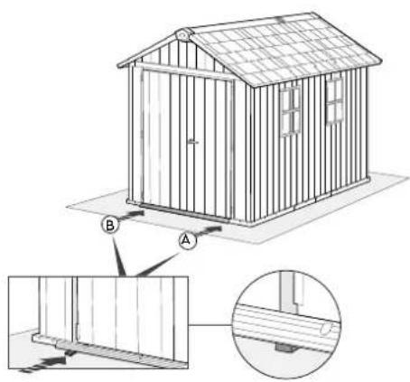 Technical diagram of a modular house with labeled components A and B, showing structural details and cross-sections.