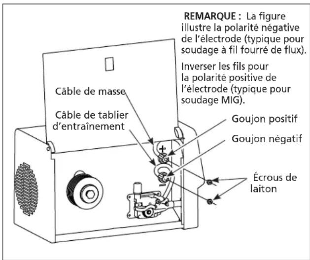 Câble de masse Câble de tablier d'entraînement REMARQUE : La figure illustre la polarité négative de l'électrode (typique pour soudage à fil fourré de flux). Inverser les fils pour la polarité positive de l'électrode (typique pour soudage MIG). Goujon positif Goujon négatif Écrous de laiton