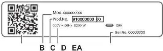 Mod.xxxxxxxxxx Prod.No. 910000000 00 000V - 00Hz 0000 W COA Set.No. 00000000 B C D EA